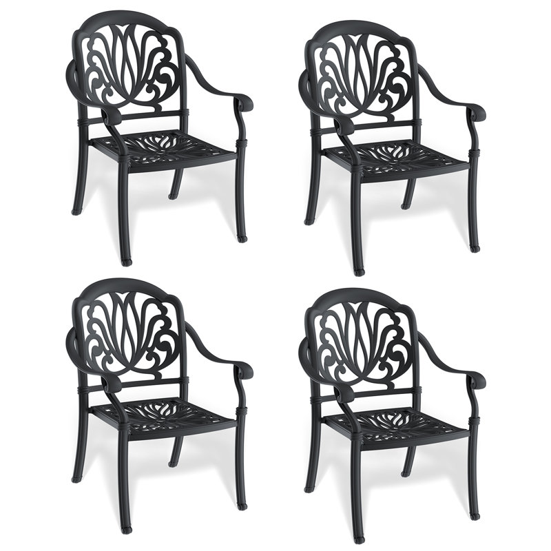 Chaise de patio en fonte d'aluminium 4 pièces avec structure noire et coussins bruns, 2