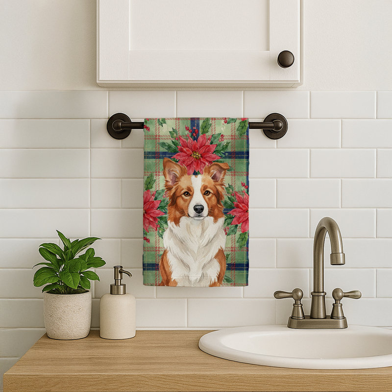 Red and White Border Collie Christmas PoinsettIas Kitchen Towel, Red/White Border Collie