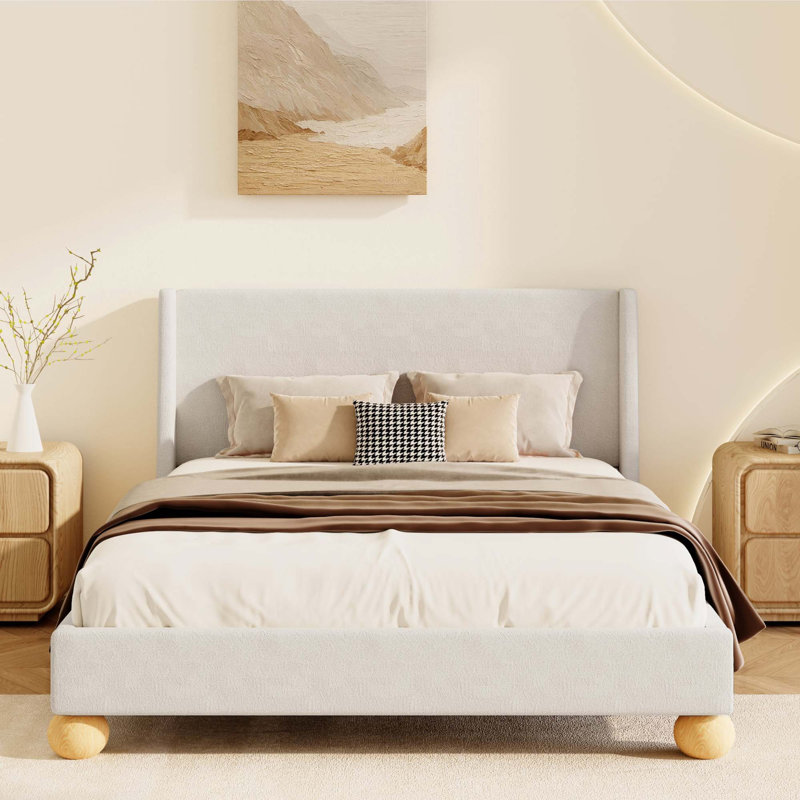 Velvet Bed with Round Wooden Legs, White, Queen
