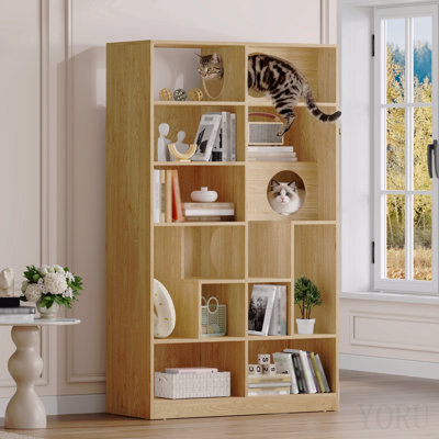 Modern 2 In 1 Wood Bookshelf  Cat House, Cat Tree Display Case With Storage, Cat Litter Box Enclosure Climbing Shelf - Natural