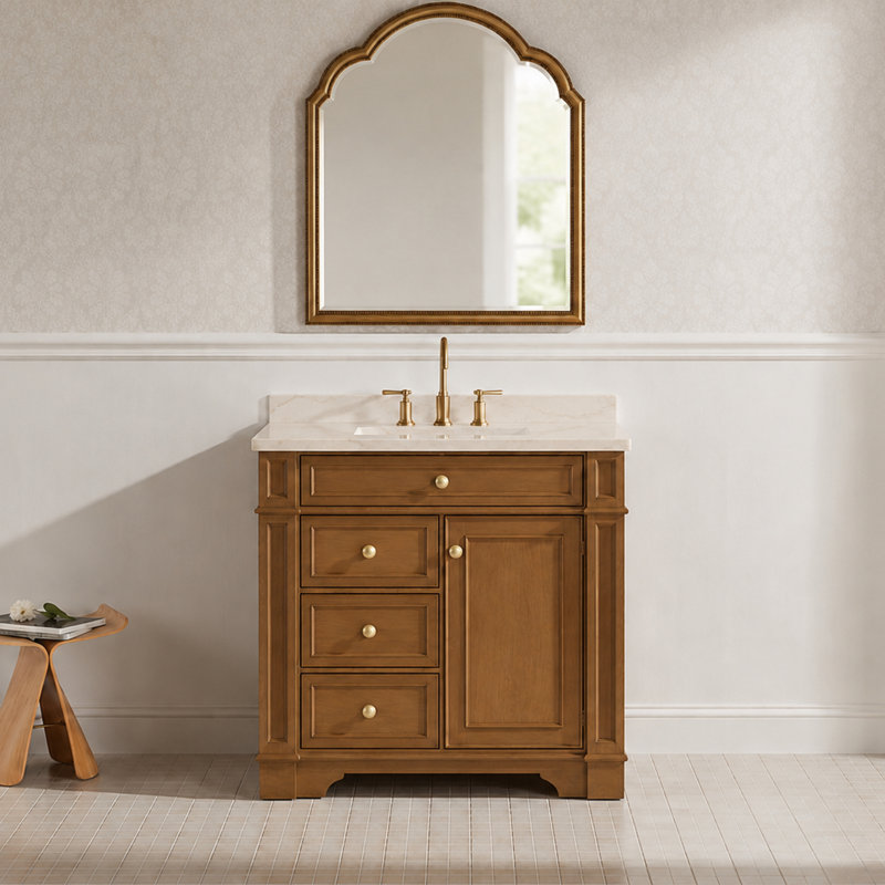 Comptoir de meuble-lavabo en noyer clair de 36 po x P 21 po avec plateau simple encastré Josia Joselle, 36, Orelia