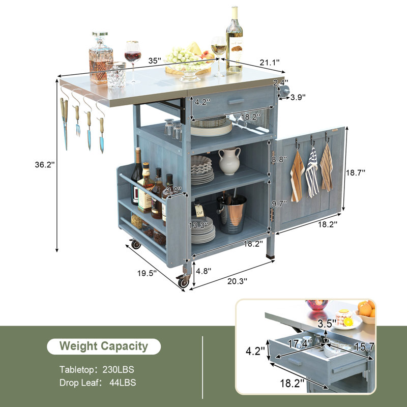Outdoor Grill Cart With Stainless Steel Top,with Drop Leaf,rolling Kitchen Cart With Lockable Wheels, Blue Gray