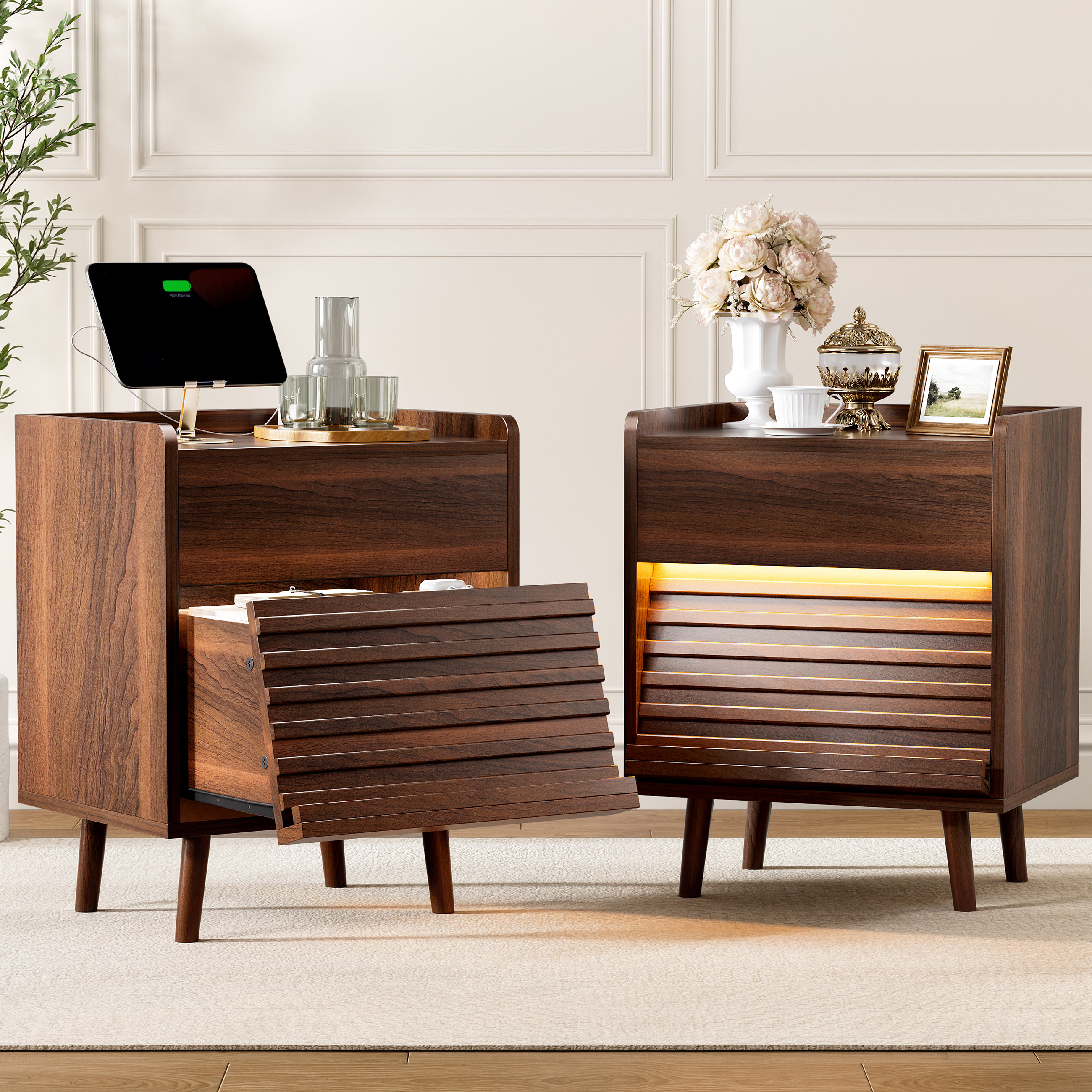 Modern 2-Drawer Nightstand With Outlets & LED Light