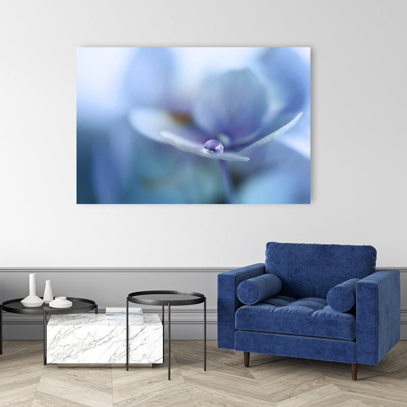 Blue Petal Droplet Delicate Peaceful Serene Flower Nature Wall Art Print by Ellen van Deelen - 1 Piece Wrapped Canvas Wall Art