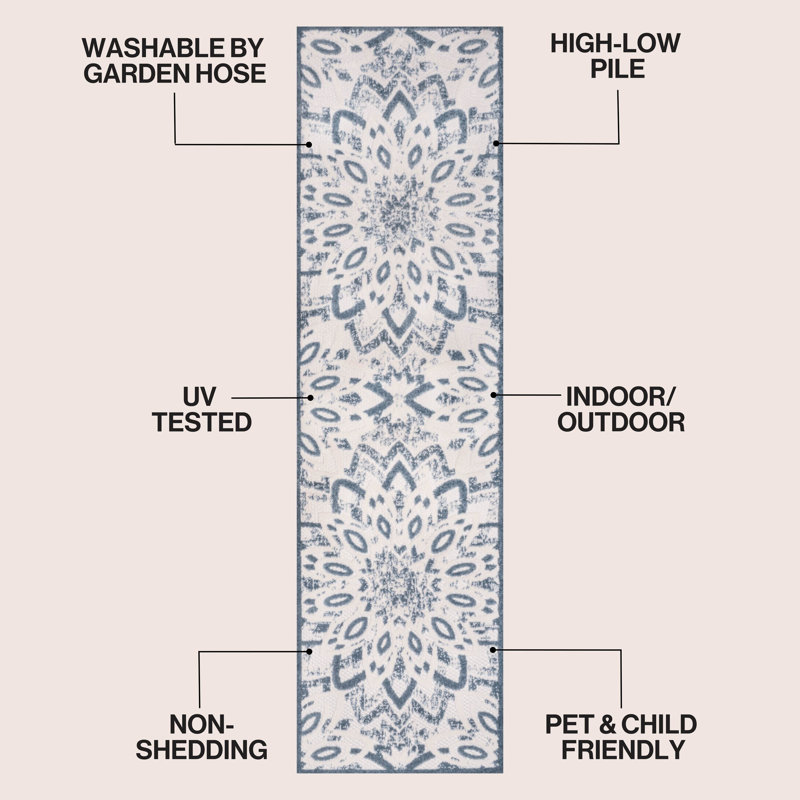 Tapis d'intérieur / extérieur Flora, Tapis de couloir 2 pi 3 po x 8 pi, Crème / Bleu foncé
