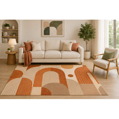 "Ultra Lightweight" 5'x7' Mid Century Arch Area Rug, Terracotta Beige Geometric Modern Design for Living Room Bedroom Office, Non-Slip Silicone Backing, Low Pile Carpet