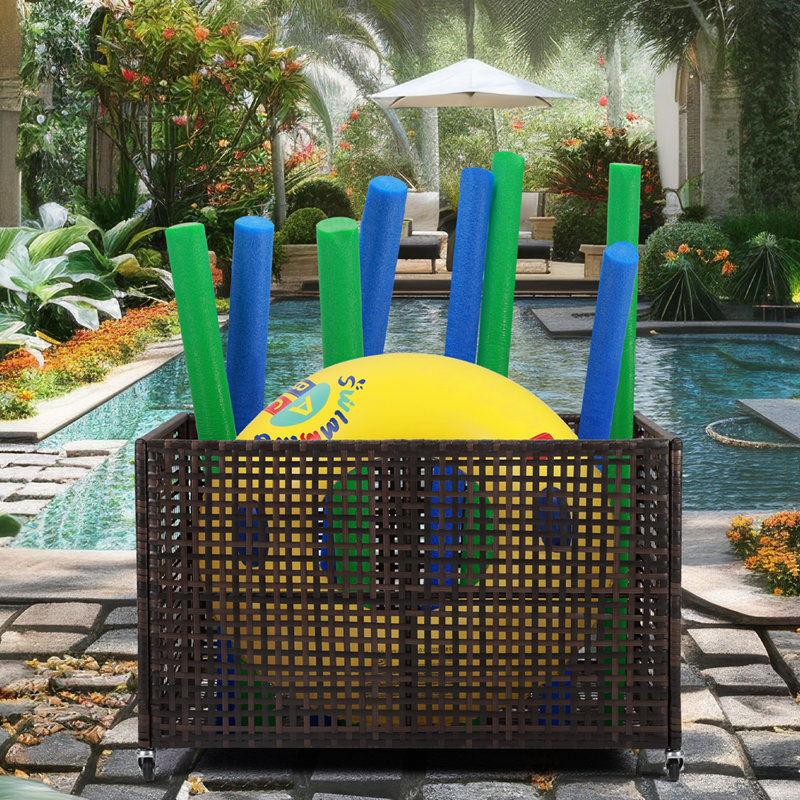 Poolside Float Storage Organizer, Pool Toy Storage Bin With Wicker Mesh Outdoor Pool Float Holder Storage Rack With Handle Rolling Pool Caddy Raft Cart For Pool Noodles Balls Floaty Equipment Brown