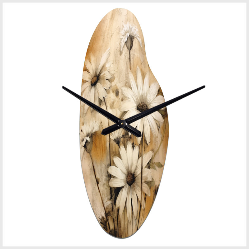 «Vintage Brown Daisies Flower I» - Horloge murale florale en métal incurvée, horloge murale asymétrique traditionnelle, Grand