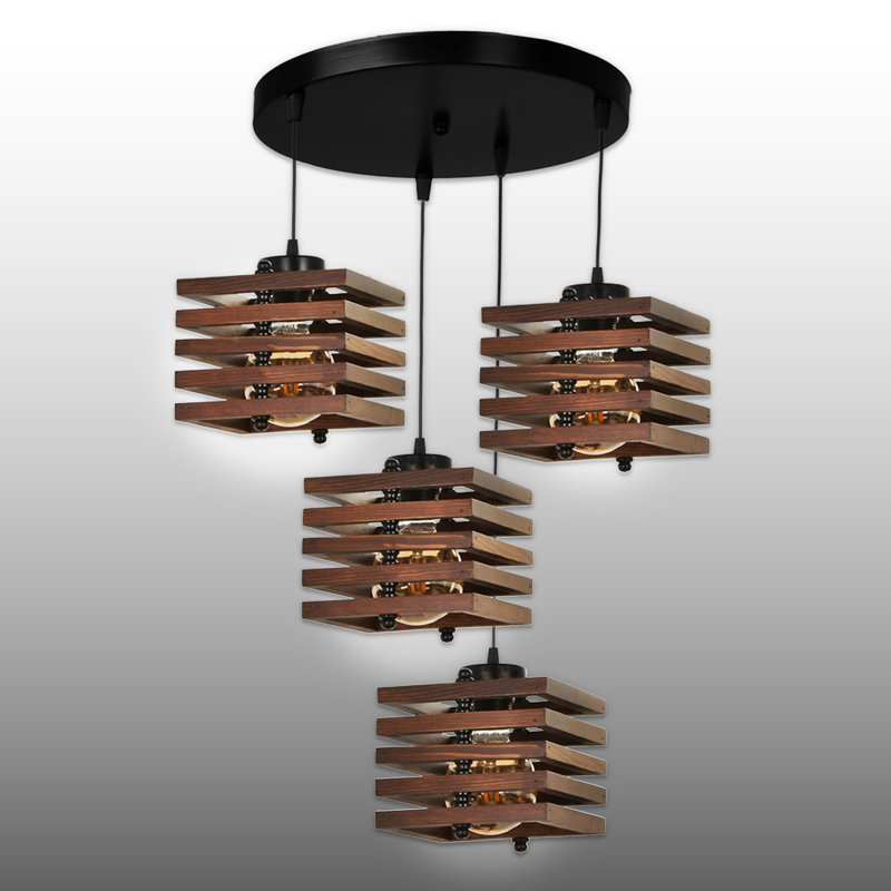 Luminaire suspendu en bois 4 lumières, Marron foncé
