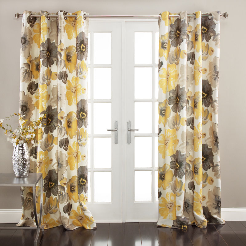 Yellow and Gray Floral Faux Silk Room Darkening Curtain Panels, 52"W x 84"L