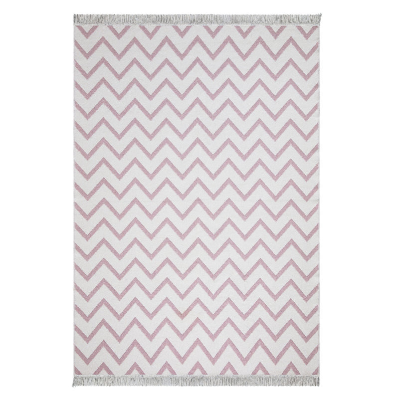 Tapis à chevrons en coton tissé à plat à la main Treutlen - blanc / rose, Rectangle 5 pi 3 po x 7 pi 7 po
