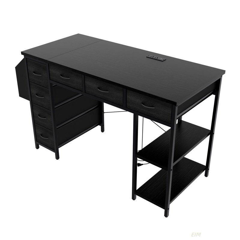 Bureau d'ordinateur 47,3 po avec 7 tiroirs, une très grande poche latérale et des prises de courant - idéal pour le bureau à domicile, le bureau ou les jeux