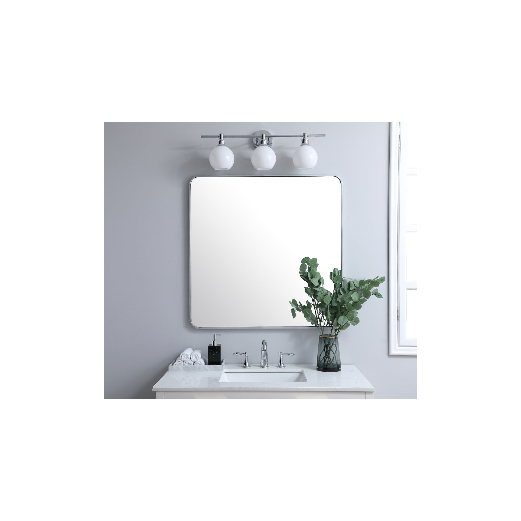 Sabine Metal Rounded Rectangle Wall Mirror, Silver, 36'' H x 36'' W