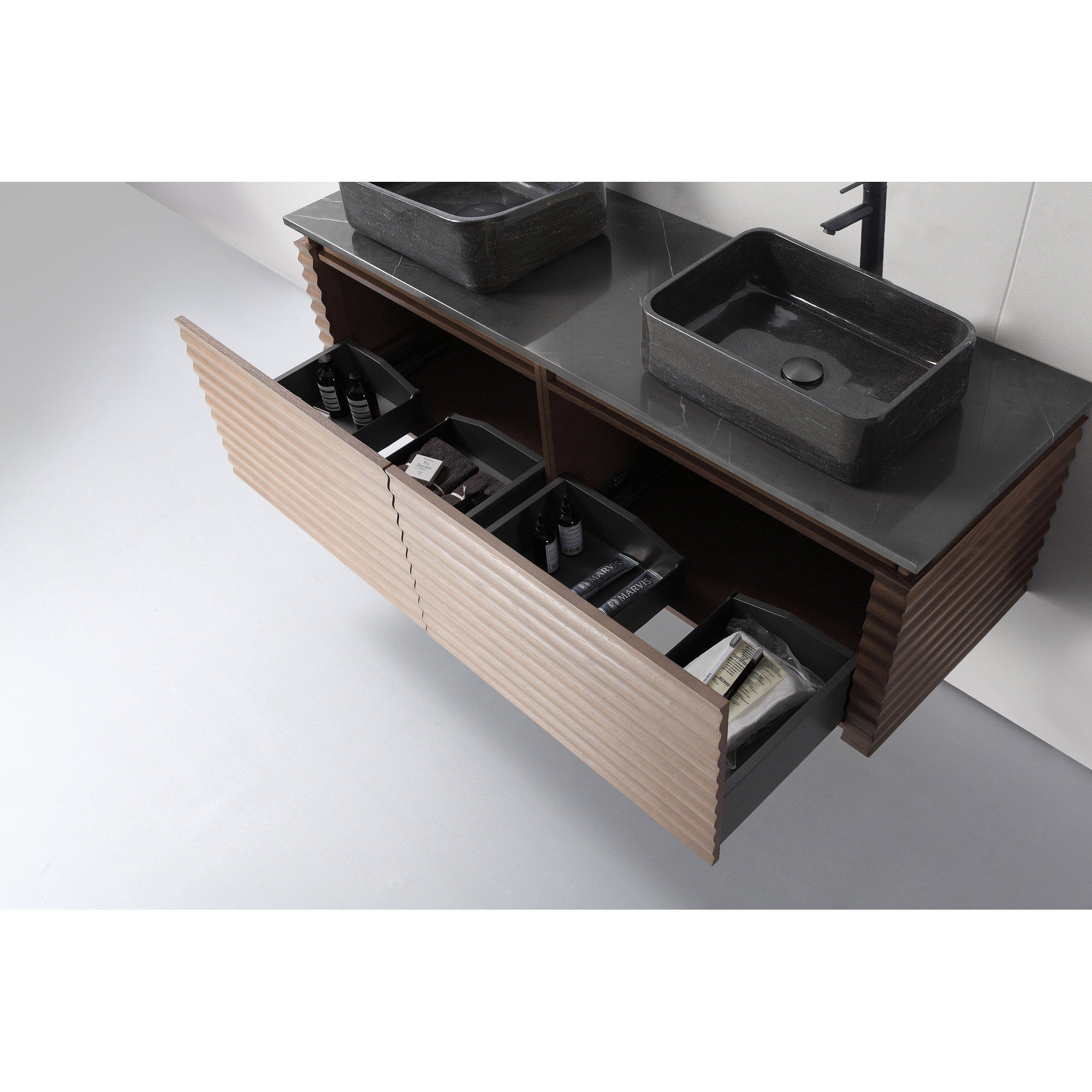 Jasmine 60'' Natural Oak Veneer Plywood Double Bathroom Vanity with Engineered Quartz Top, Chestnut