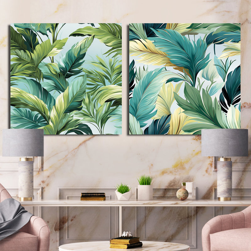 Raqueta - Ensemble de 2 collages carrés tropicaux, Toile tendue, H 16 po x l 33 po