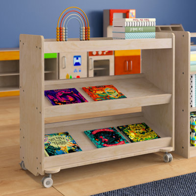 Bright Beginnings Commercial Grade Wooden Classroom Mobile Storage Cart with 3 Angled Shelves
