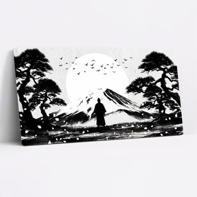 Tableau sur toile tendue représentant un paysage japonais avec le mont Fuji et un samouraï (ensemble de 1)