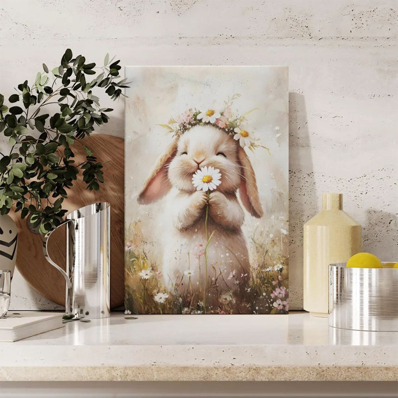Lapin dans une couronne de marguerites - Impression d'art mural animalier sur toile tendue sur châssis, 91,4 cm (H) x 61 cm (L), prête à être accrochée pour une chambre d'enfant, une chambre à coucher ou un salon