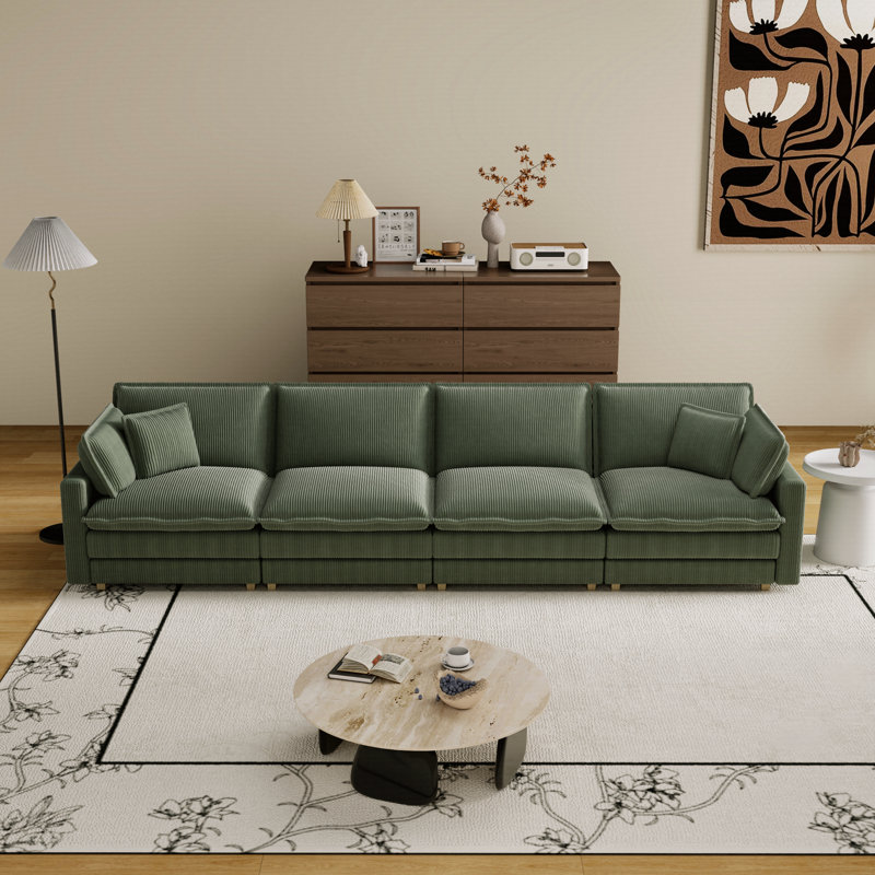 Modular Deep Seat Sectional Sofa with 4 Pillows | Modern Space-Saving Couch for Living Room, Bedroom & Apartments, Green, 4
