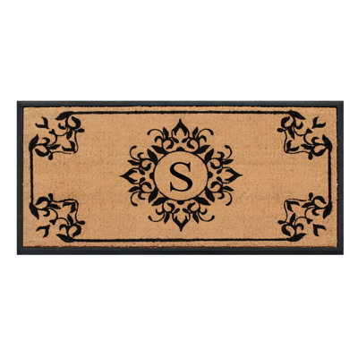 Ackerman Hand-Crafted Floral Natural Coir & Rubber Monogram Non-Slip Door Mat, 24"x48", Heavy-Duty Outdoor Front Porch