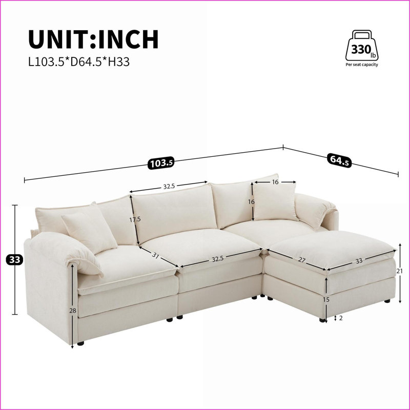 Canapé modulaire, canapé en chenille modulaire en L de 103,5 po avec assise profonde Repose-pieds pour salon | Chenille | Crème