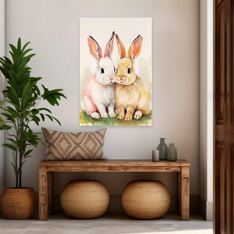 Paire de lapins mignons, art mural forêt de printemps contemporain, H 48 po x l 32 po