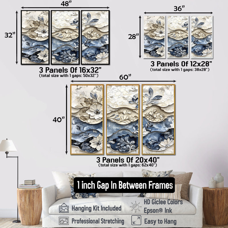 Carreaux abstraits floraux blancs et bleus I - ensemble de décorations murales vagues abstraites modernes