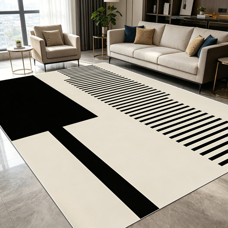 1PC Minimalist Geometric Black Beige Stripe and Block Pattern area rugs for Living Room, Soft and Comfortable, Suitable for all seasons, easy-to-maintain, machine washable Indoor floor mat, Under Table Farmhouse suitable for living room, dining area