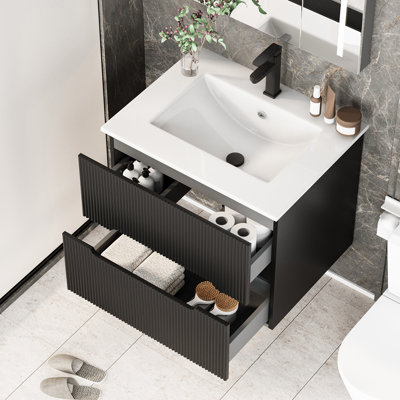 Ensemble de meuble-lavabo mural 24 po avec lavabo en céramique - ensemble d'armoires flottantes avec tiroirs à fermeture en douceur, robinet et bonde escamotable au fini noir