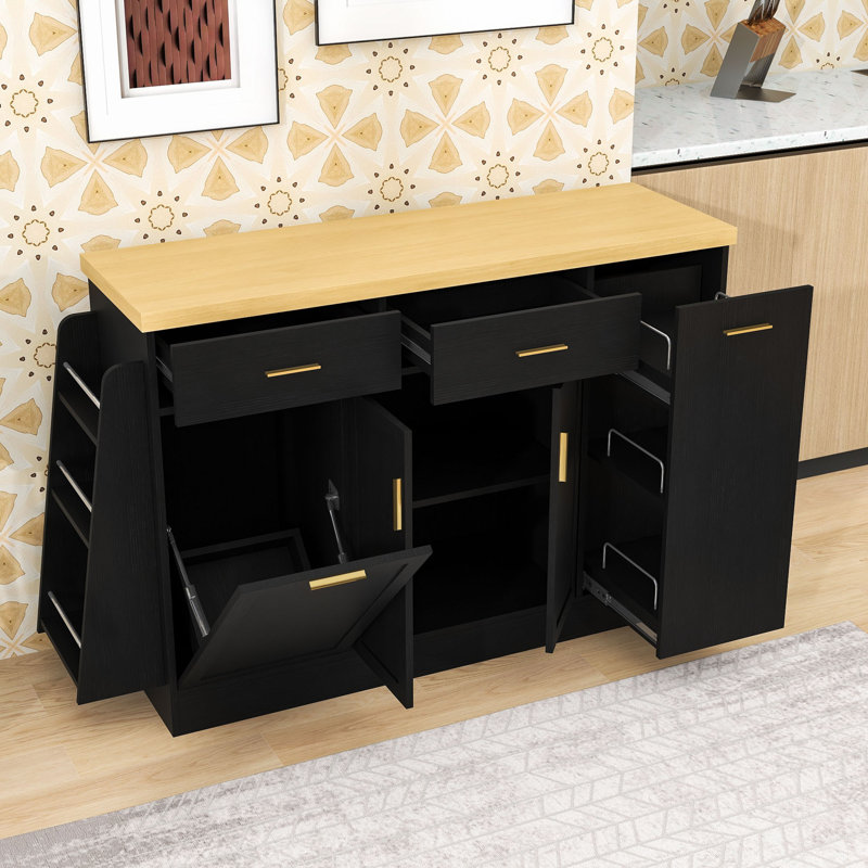 Modern Kitchen Island with Trash Bin Compartment, Sliding Doors, 3-Tier Spice Rack and Adjustable Storage, Black