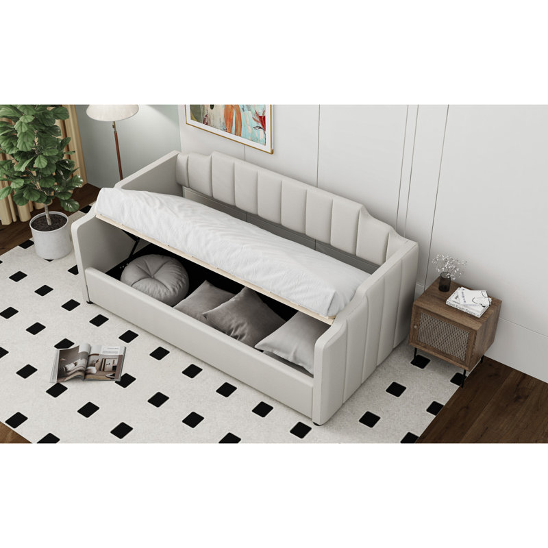 Lit de jour rembourré avec rangement inférieur, Simple, Beige