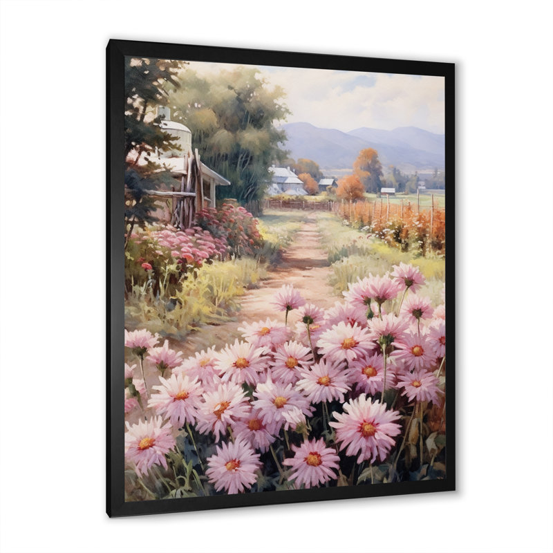 «Pink Green Chrysanthemums Field» sur impression sur toile, Cadre simple noir, H 20 po x l 12 po x P 1 po