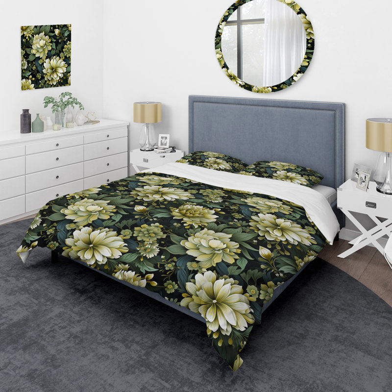 Ensemble de housse de couette Green Floral Flourish Elegance II - Floral, Housse de couette simple + 1 taie décorative stan
