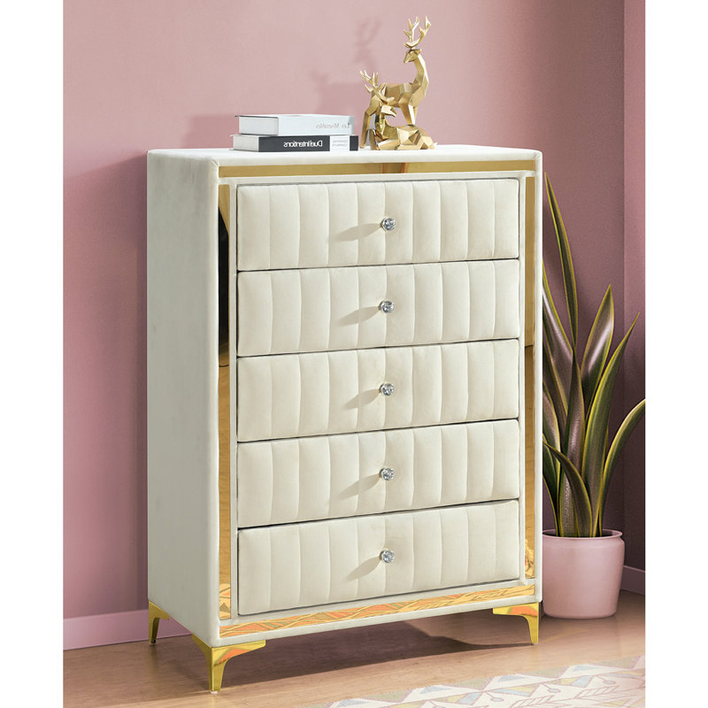 Commode 5 tiroirs Quinlin, Crème