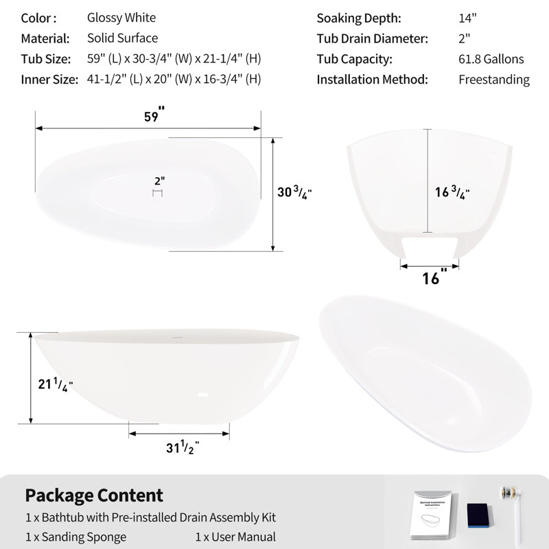 59" Freestanding Solid Surface Soaking Bathtub In Glossy White, Wide Sitting Area For Relaxation, Copper Drain System, Good Thermal Insulating Property White Made From Surface, Spa - Like Bathing