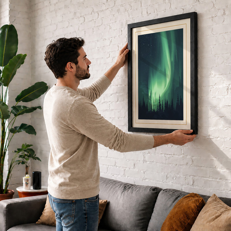 Aurora Over Silent Forest Scandinavian - Print, Black, A4 - 29.7 x 21.0 cm