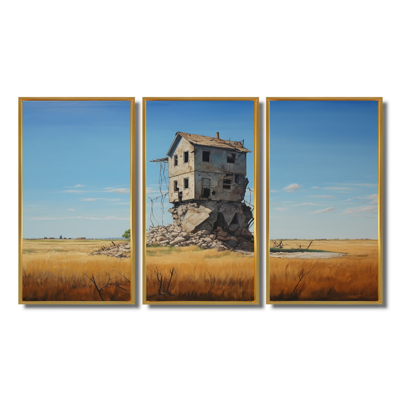 Abandonné Lonely Country House On The Prairie - ensemble d'art mural paysage, Cadre flottant doré, H 40 po x l 60 po x P 1 po