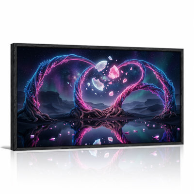 Neon Glowing Tree Heart Arch With Floating Moon And Water Canvas Wall Art
