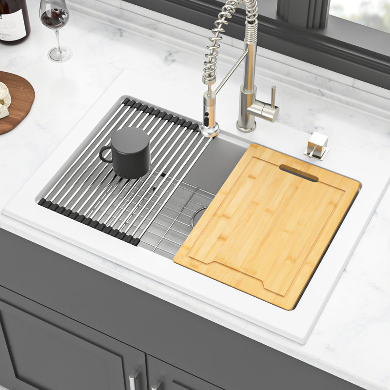 White Granite Composite 30X22" Workstation Drop - In Kitchen Sink, Thick Stone, Non Porous, , Package With Drying Roll Up Rack And Strainers Assembly Protects Hands, Scratch, Bottom Grid Cutting Board