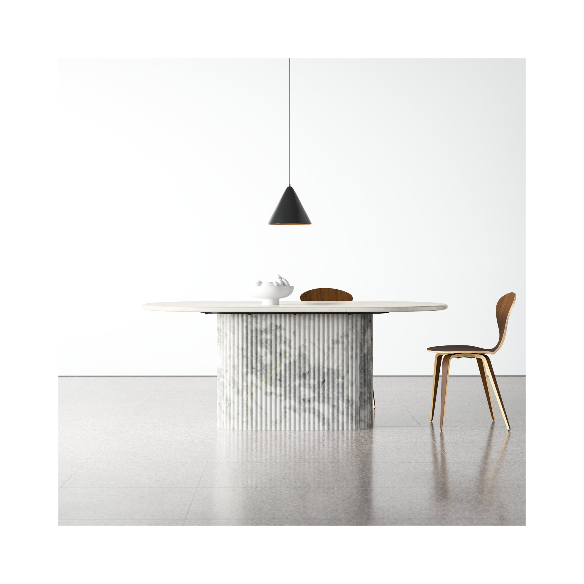 Holloman 74'' Oval Marble Dining Table, Polished White Marble/White Scalloped Marble