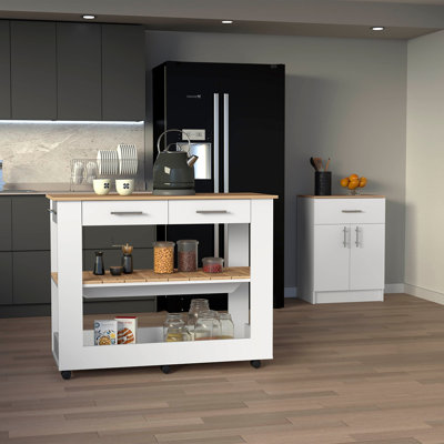 Tokeland 2 Piece Kitchen Set, Pantry Cabinet + Kitchen Island, White / Light Oak