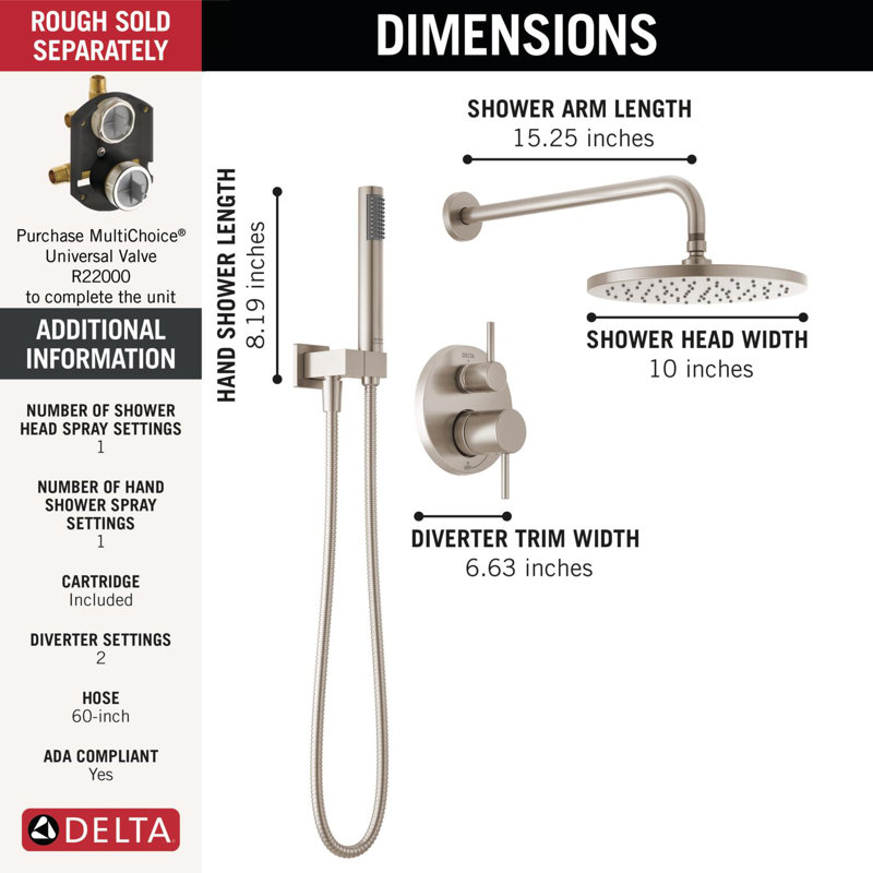 Modern Round Rain Shower System Faucet Set, Rainfall Shower Head and Handle Set Spotshield Brushed Nickel
