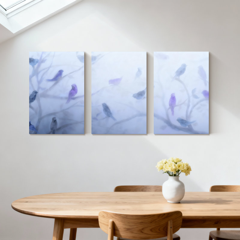 «Birds Blue Birds On Branches», ensemble de 3 impressions sur toile, H 18 po x l 36 po