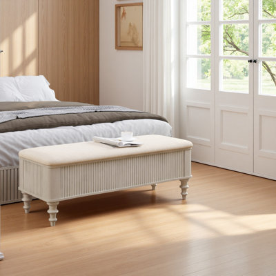 Banc de rangement avec repose-pieds en bois d'hévéa massif de 50,8 pouces avec siège en lin
