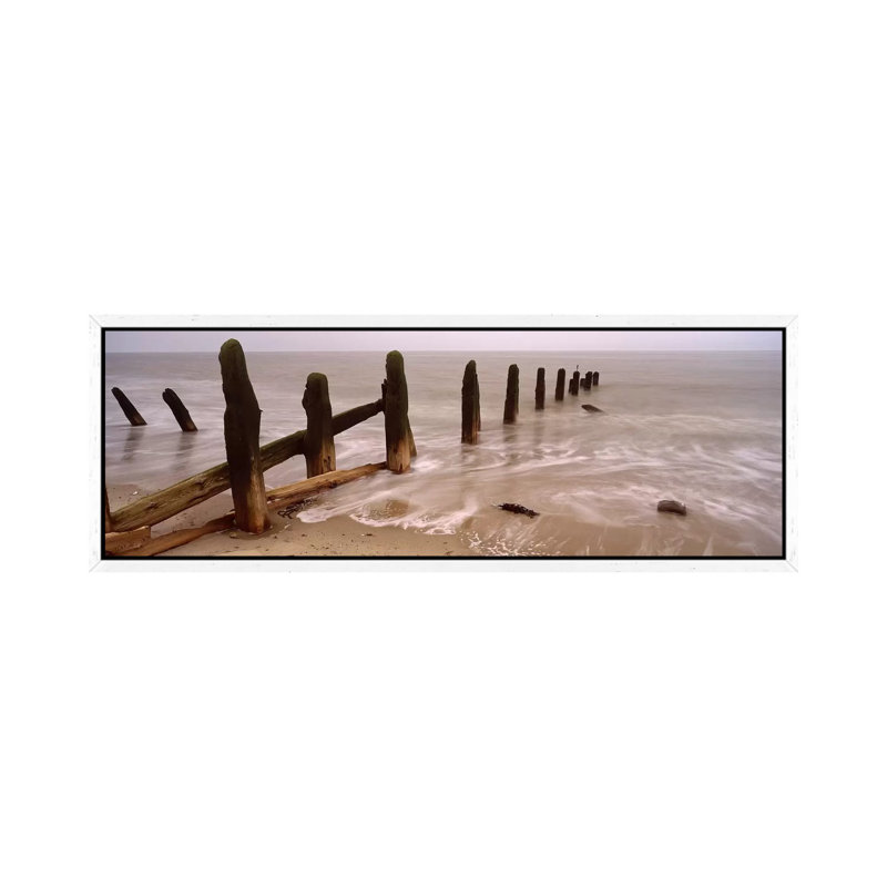 Posts On The Beach, Spurn, Yorkshire, England, United Kingdom 1 Piece Floater Frame Panoramic Wall Art on Canvas, White