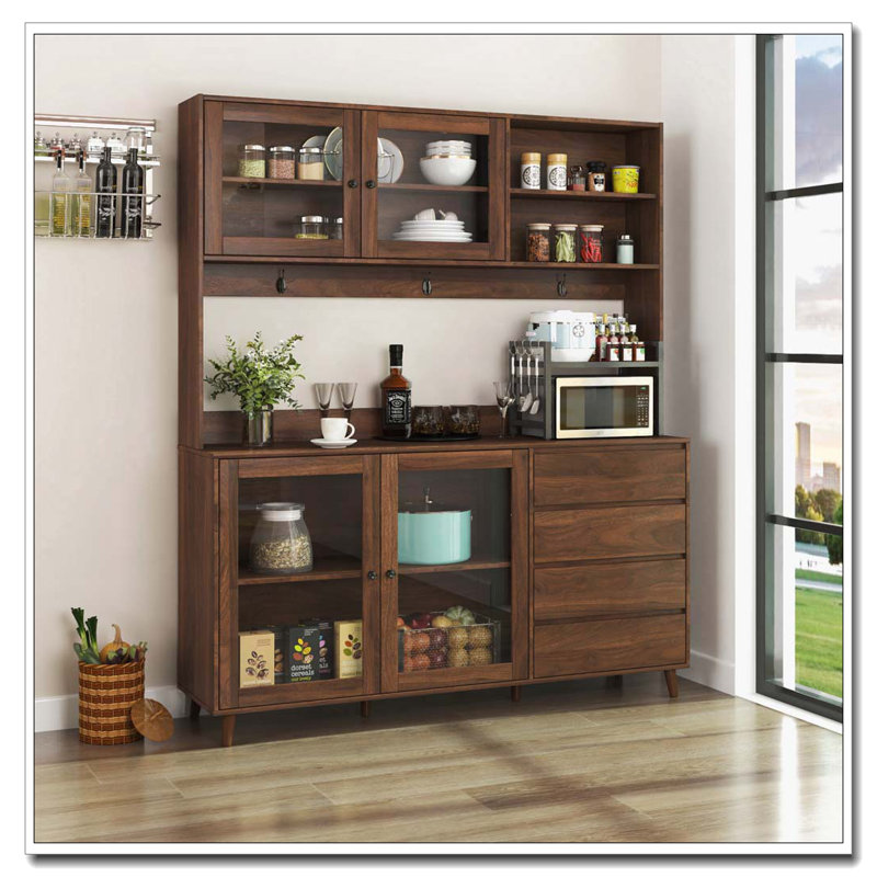 Grande armoire huche de cuisine l 63 po, armoire de rangement autoportante avec 4 portes, 4 tiroirs et tablette à micro-ondes, noyer