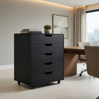  Classeur mobile à 5 tiroirs avec roulettes verrouillables, unité de rangement compacte pour salon, bureau et bureau, noir