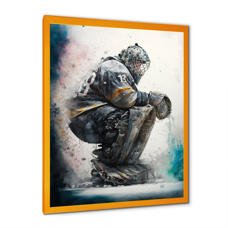 Hockey Gardien I - Impression sur toile, H 20 po x l 12 po x P 1 po, Impression dorée sur toile encadrée