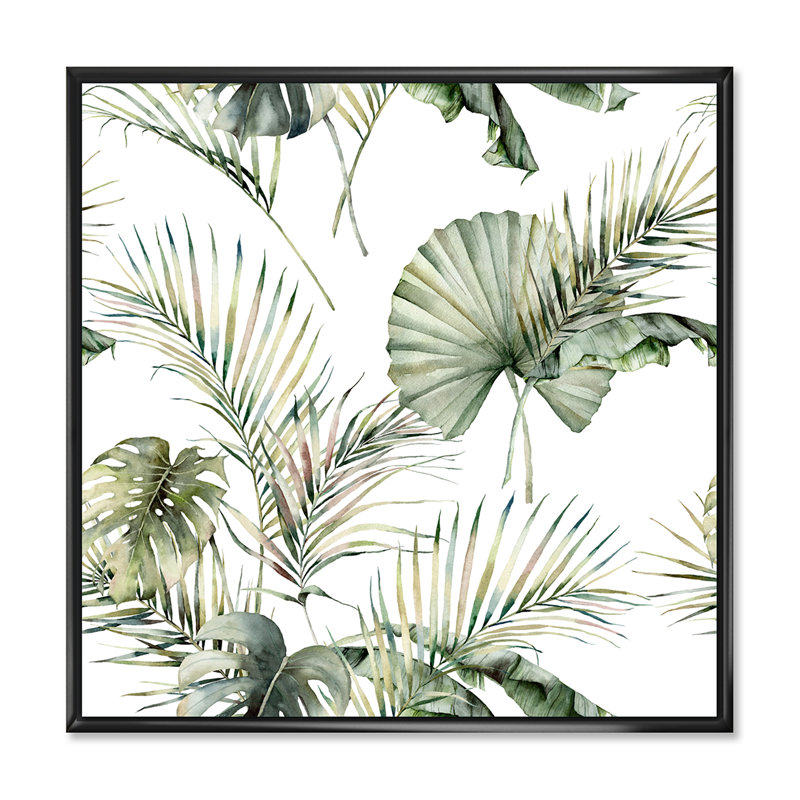 «Tropical S» avec Monstera et feuilles de noix de coco - peinture sur toile à cadre flottant, Toile encadrée noire