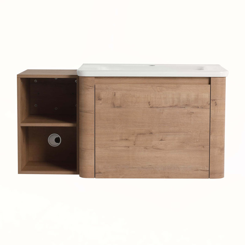 40'' Wall-Mounted Bathroom Vanity with White Ceramic Sink and Storage Shelves & 1-Soft-Close Door, KD-Packing, Plywood, 40"